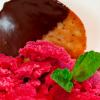 Pomegranate Sorbet with Chocolate Dipped Almond Wafers