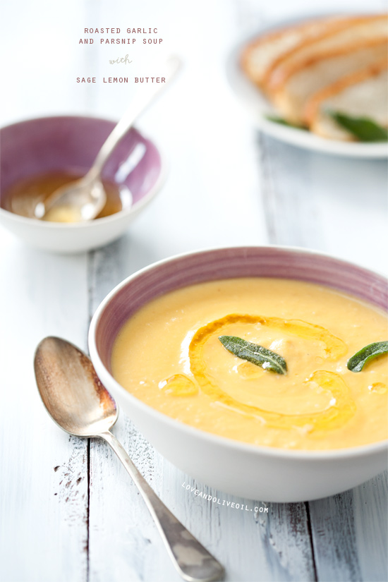 Roasted garlic and parsnip soup by Love and Olive Oil
