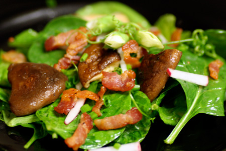 Pea Shoot and Spinach Salad with Bacon and Shiitake