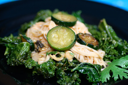 Noodles with Peanut Sauce, Kale, and Zucchini