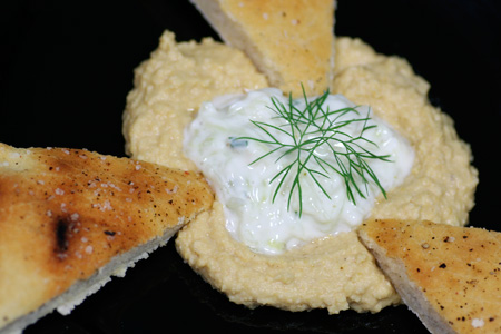 Hummus and Flatbread with Cucumber-Yogurt Salad