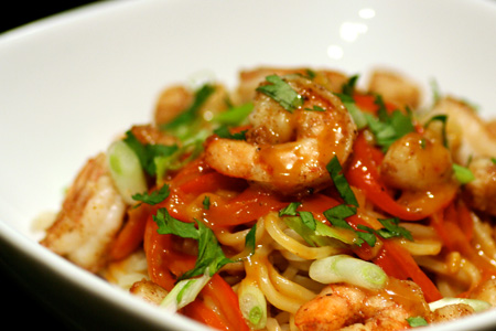 Peanut Curry Noodles with Seared Shrimp & Scallops