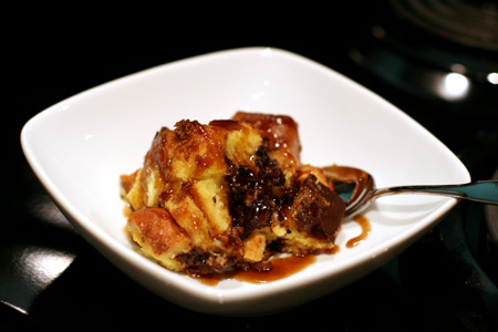 Chocolate Chip Bread Pudding with Cinnamon-Rum Sauce