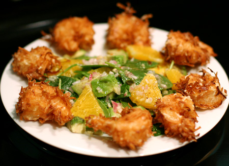 Coconut Shrimp & Asian Orange and Avocado Spinach Salad