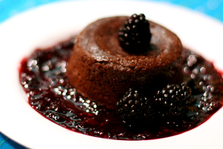 (Almost) Molten Chocolate Cakes with "Bruised" Fruit Sauce