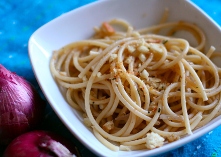 pasta with spicy anchovy sauce and thyme bread crumbs