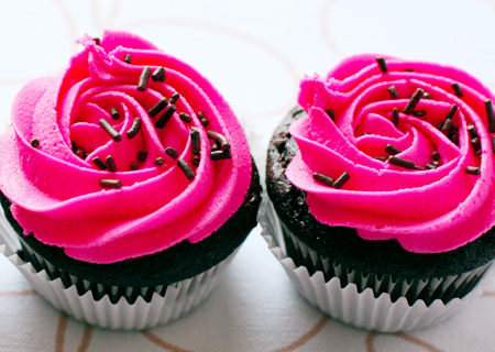 Chocolate Chip Cupcakes with Hot Pink Vanilla Cream Frosting