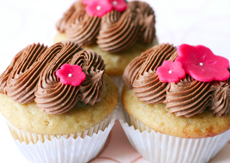 Vegan Almond Cupcakes with Chocolate Cream Frosting and Marzipan Flowers