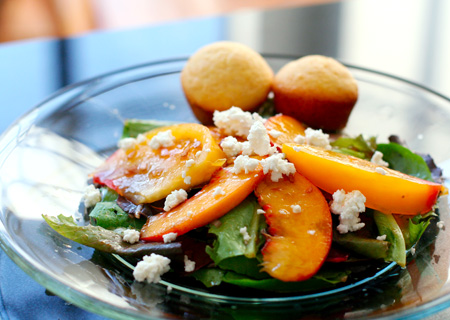 Garden Greens with Yellow Tomatoes and Peaches