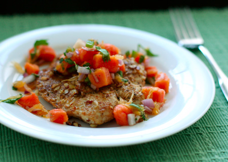 feed us, day 4: almond-crusted chicken cutlets with papaya-orange salsa