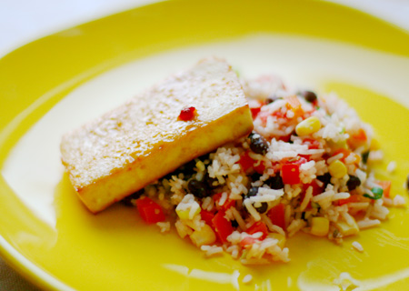 Orange Chipotle Glazed Tofu and Confetti Rice