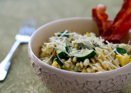 Zucchini, Corn and Basil Fusili with Bacon