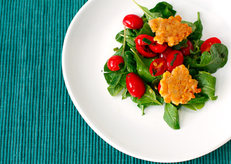 Corn Fritters with Arugula and Warm Tomato Salad