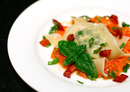 Goat Cheese-Arugula Ravioli with Tomato-Pancetta Butter