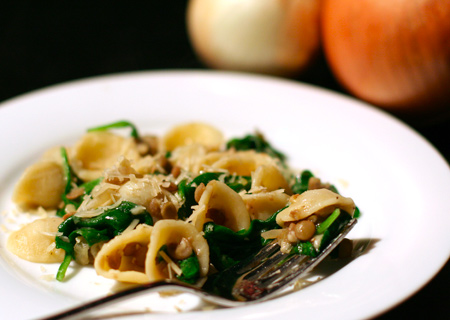 Orecchiette with Lentils, Onions, and Spinach