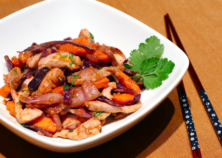 Chicken Stir-fry with Yams, Red Cabbage, and Hoisin