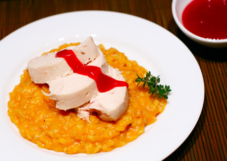 Cornish Game Hens with Sweet-Potato Risotto and Cranberry Sauce