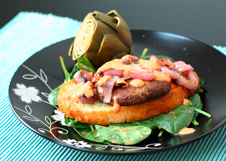 Portobello Burgers with Red Pepper Mayonnaise