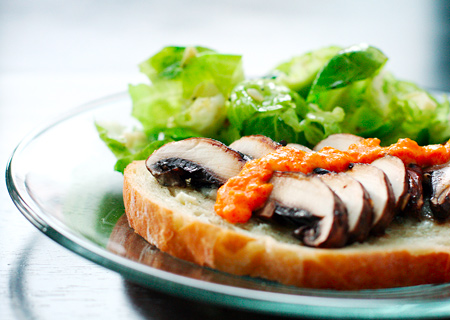 Portobello Sandwiches with Gorgonzola Butter and Red Pepper Vinaigrette