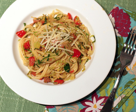Spaghetti with Shredded Brussles Sprouts and Pancetta