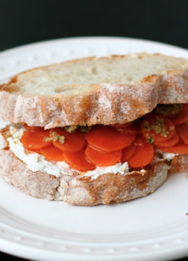 Moroccan Carrot and Goat Cheese Sandwiches with Green Olive Tapenade