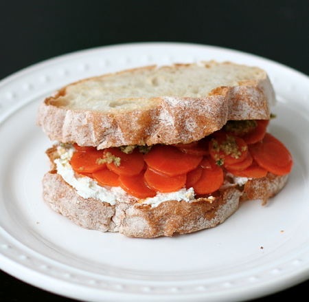 Moroccan Carrot and Goat Cheese Sandwiches with Green Olive Tapenade