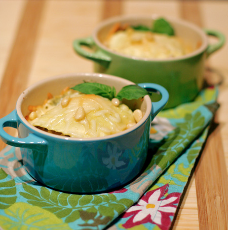 ravioli gratins with goat cheese and basil pistou