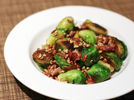 brussels sprouts with prosciutto and pecans (and meet my adopt-a-blogger!)