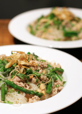 Thai Noodles with Ground Chicken and Crispy Shallots