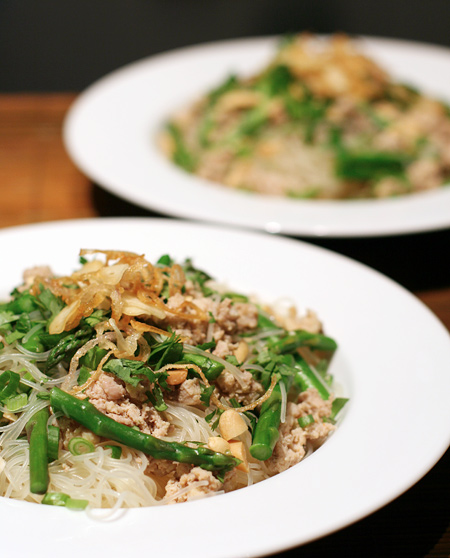 Thai Noodles with Ground Chicken and Crispy Shallots