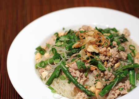 Thai Noodles with Ground Chicken and Crispy Shallots