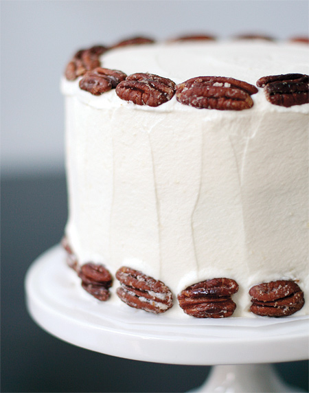 Banana Cake with Praline Filling and White Chocolate Ganache