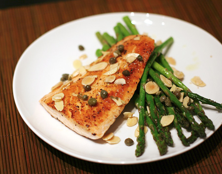 salmon with brown butter, almonds, and asparagus