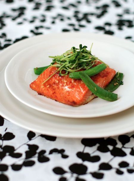 Salmon with Sweet Chili Glaze, Sugar Snap Peas, and Pea Tendrils