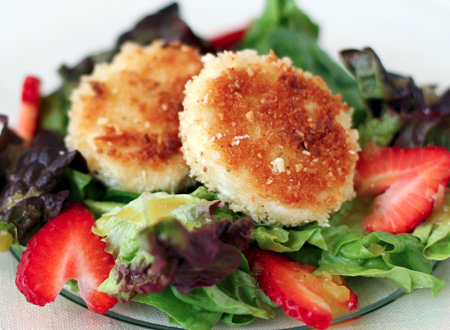 Fried Goat Cheese and Strawberry Salad with Orange Rose-Nectar Vinaigrette Fried Goat Cheese and Strawberry Salad with Orange Rose-Nectar Vinaigrette