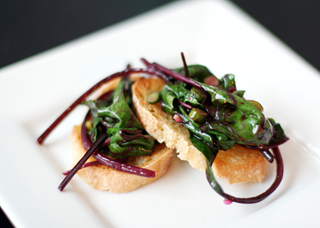 Beet Green and Garlic Scape Bruschetta