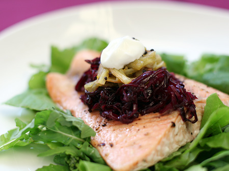 Roasted Salmon with Rhubarb and Red Cabbage