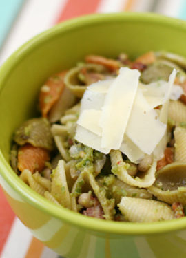 Shell Pasta with Garlic Scapes, Bacon, and Black Eyed Peas