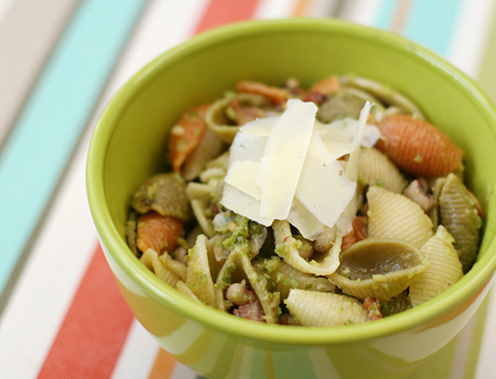 Shell Pasta with Garlic Scape Pesto, Bacon, and Black Eyed Peas