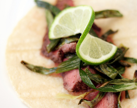 Garlic-Marinated Steak Tacos with Cebollitas Asadas