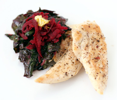 Chicken, Grated Beets, and Beet Greens with Orange Butter