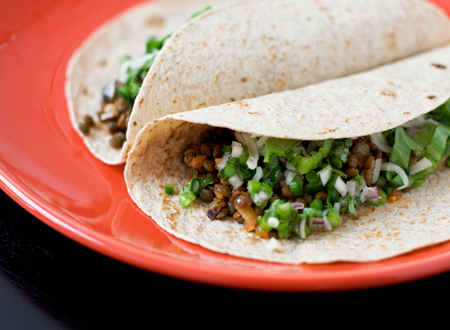 Lentil Tacos with Onion Jalapeño Salsa