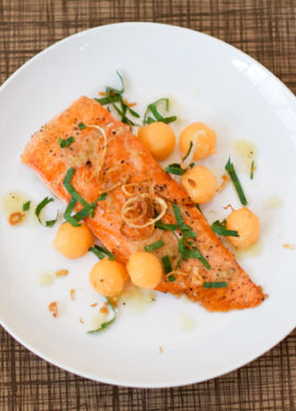 Salmon with Cantaloupe and Fried Shallots