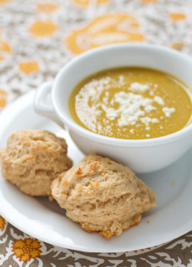 Curried Sweet Potato Soup with Goat Cheese Biscuits