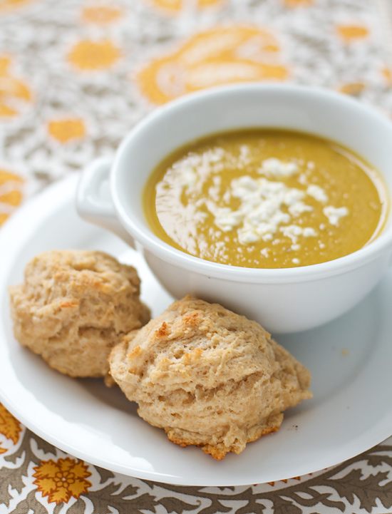 Curried Sweet Potato Soup with Goat Cheese Biscuits