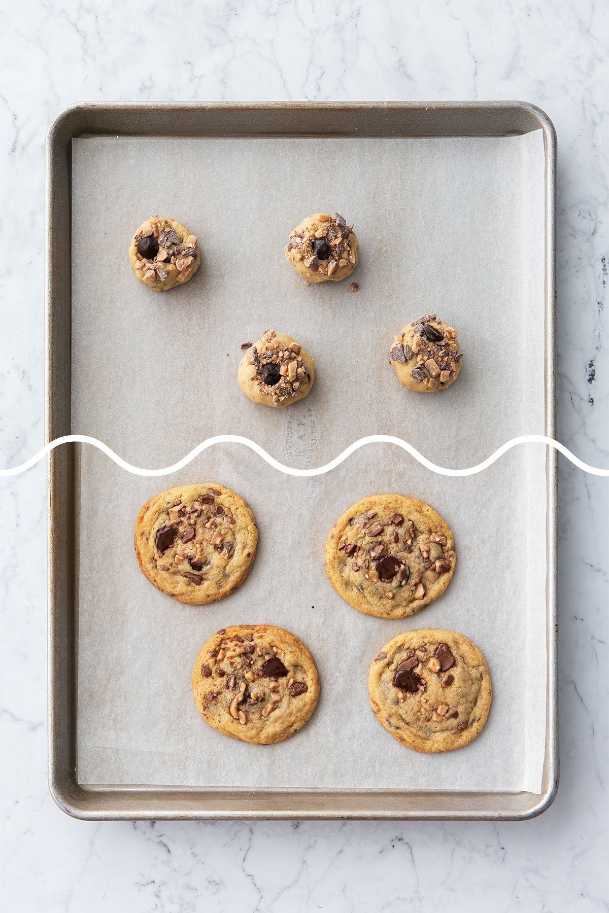 Split screen showing Toffee Chocolate Chip Cookies before and after baking.