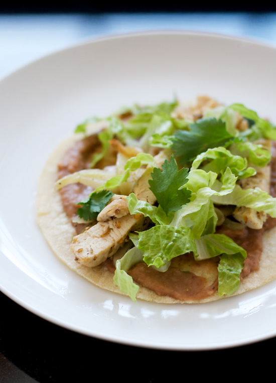 Coriander Chicken Tostadas with Refried Beans and Grilled Fennel