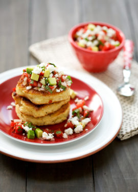 Fresh Corn Cakes with Avocado and Goat Cheese Salsa