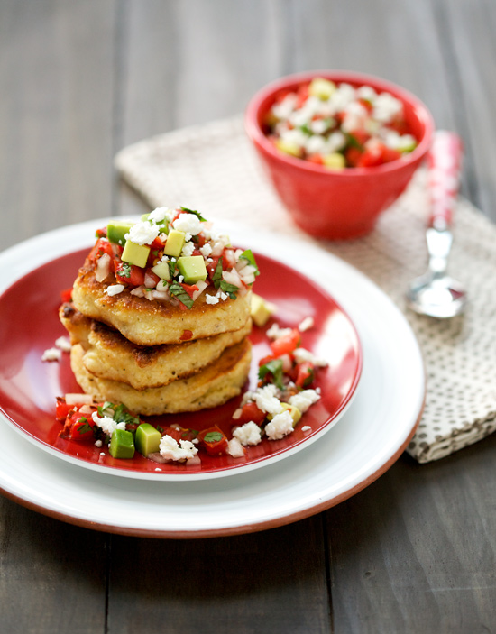 Fresh Corn Cakes with Avocado and Goat Cheese Salsa