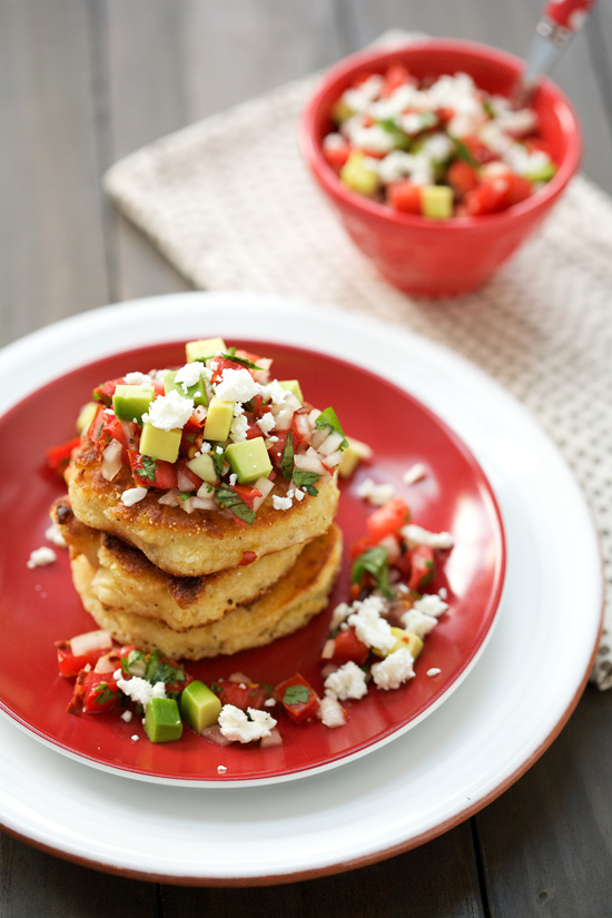 Fresh Corn Cakes with Avocado and Goat Cheese Salsa